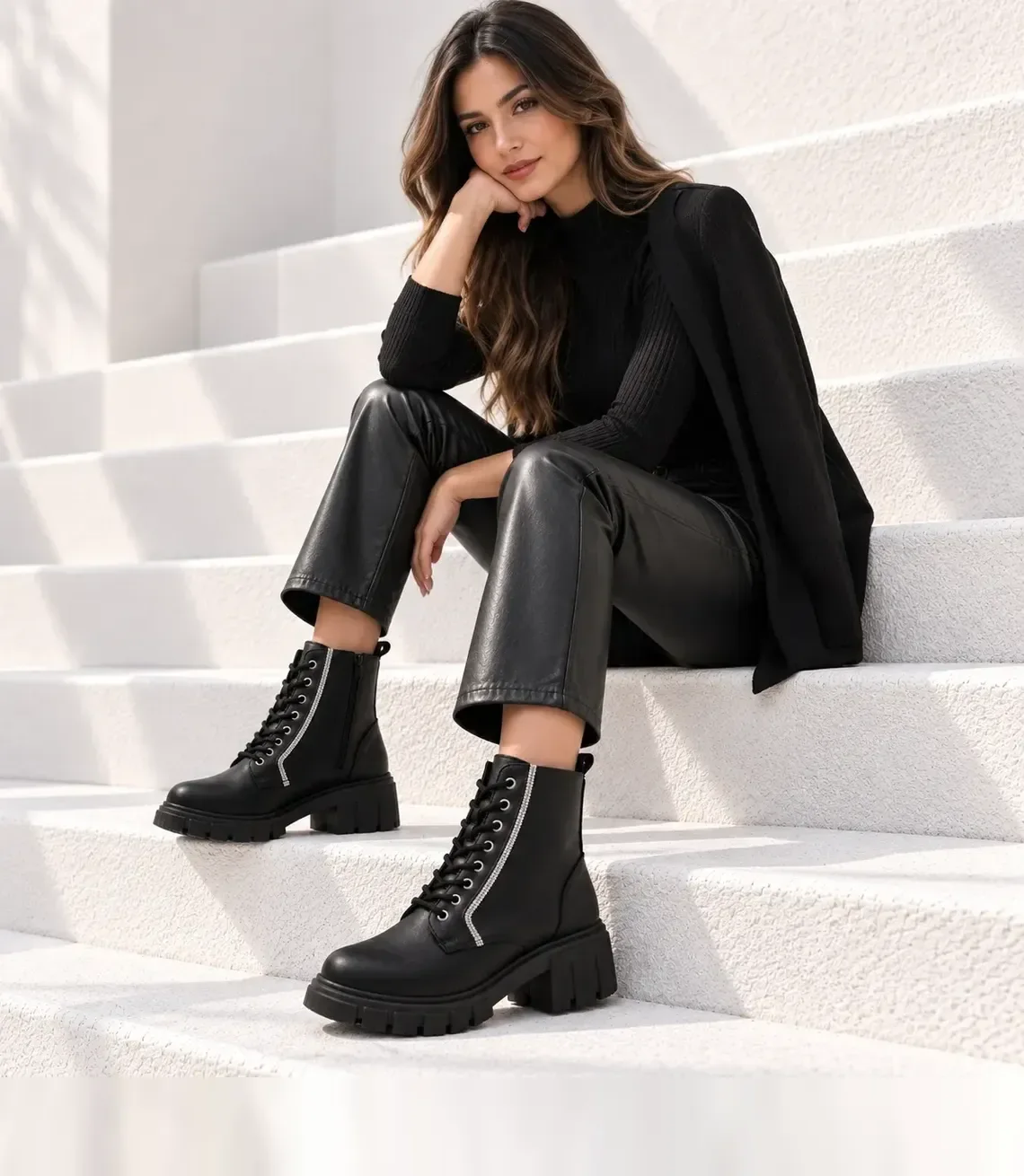 Mujer sentada en escalones blancos con botines negros de suela gruesa y agujetas