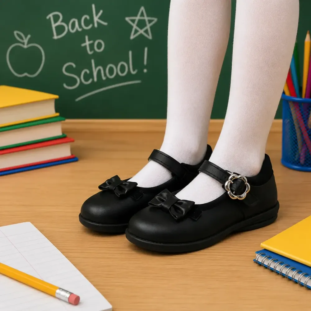Zapato escolar negro para niña con moño